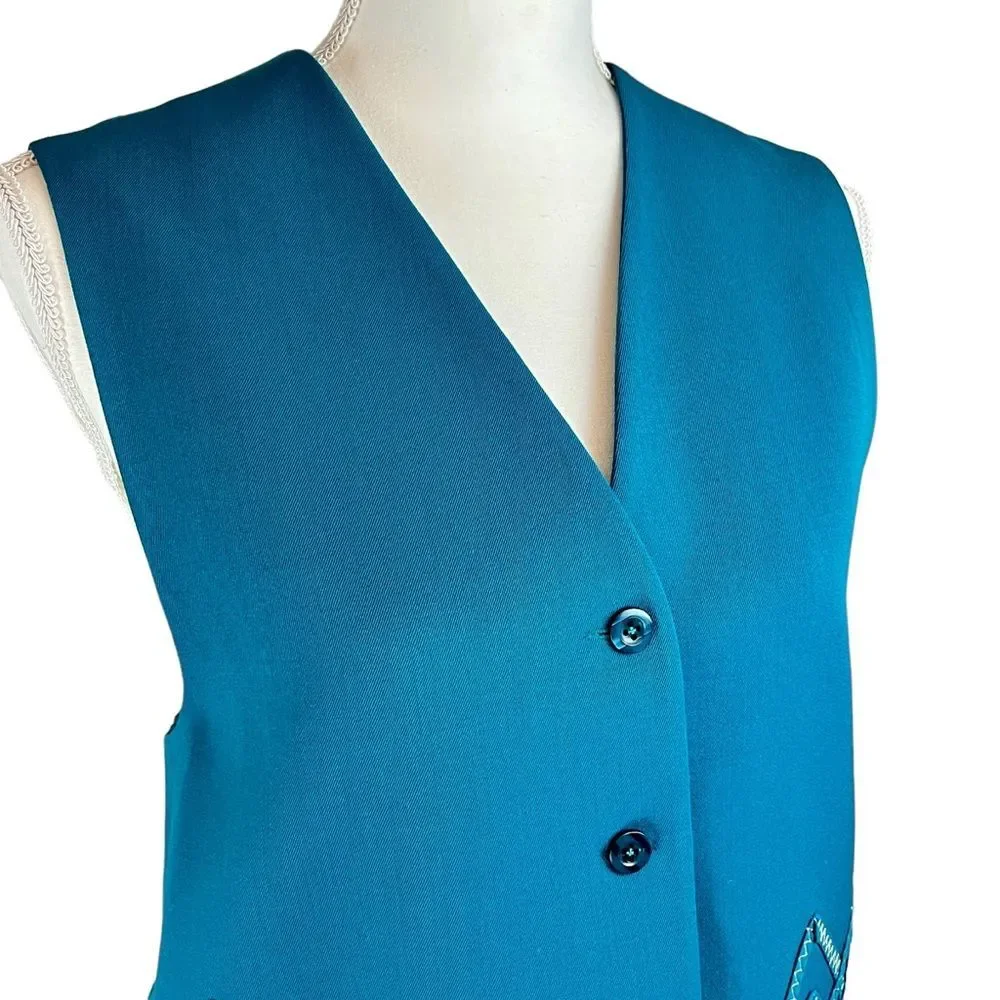 Vintage I B DIFFUSION French Blue‎ Wool Vest Button Front 8 Zig Zag Ribbon